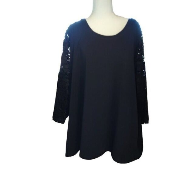 D&Co. Black Tunic Top 3X With Sheer Lace Sequin Sleeves Scoop Neck -LIKE NEW - Picture 2 of 5